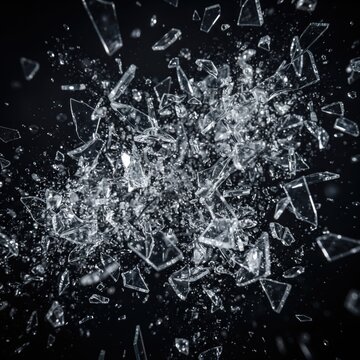 Shattered Glass Explosion Isolated on Black Background with High Speed Impact Effect