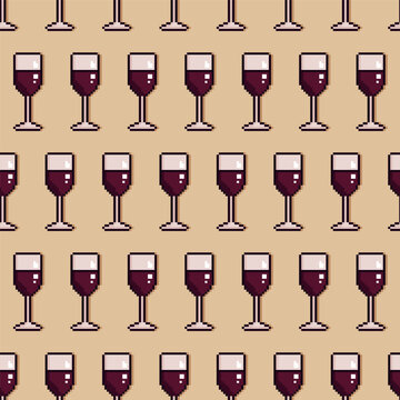 Vector Seamless Pattern of Pixel Art Wine Glasses