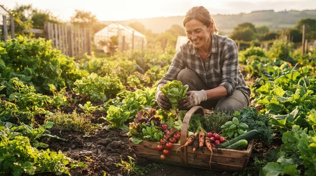 Happy Female Gardener Harvesting Fresh Organic Vegetables from Sustainable Home Garden on Sunny Summer Morning