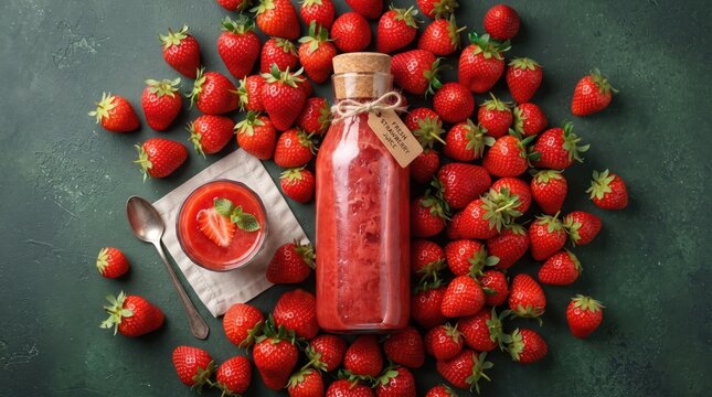 Fresh Organic Tomato Juice in Glass Bottle Surrounded by Ripe Tomatoes on Rustic Wooden Background