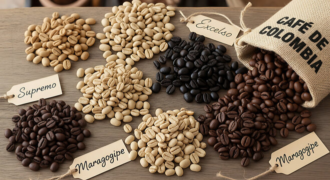 Close up of various dried coffee beans and roasted coffee beans.
