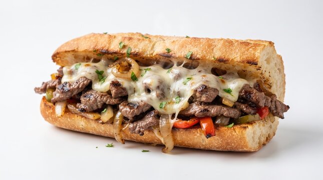 Delicious Philly Cheesesteak Sandwich with Melted Cheese, Grilled Beef and Fresh Vegetables Isolated on White