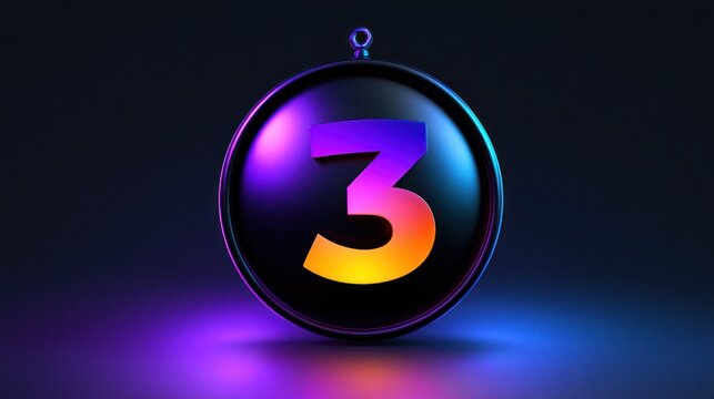 A black and gold circular ornament with a rainbow-colored number 3 on it, placed against a dark background.