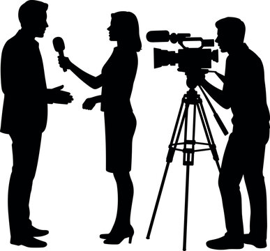 Silhouette vector illustration of female reporter holding microphone interviewing businessman while professional cameraman films the live news broadcast media event