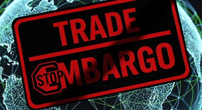 Visual representation of a trade embargo sign against a global commerce network background