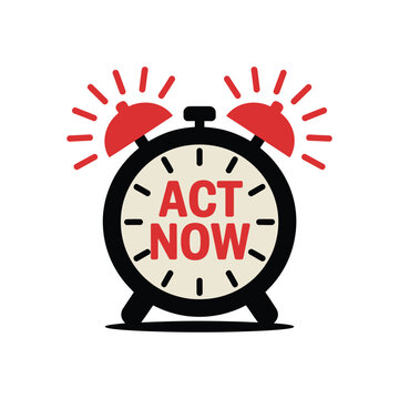 Retro Alarm Clock Vector with Ringing Red Bells and Act Now Text Symbolizing Urgent Reminder Deadline and Time Sensitive Action