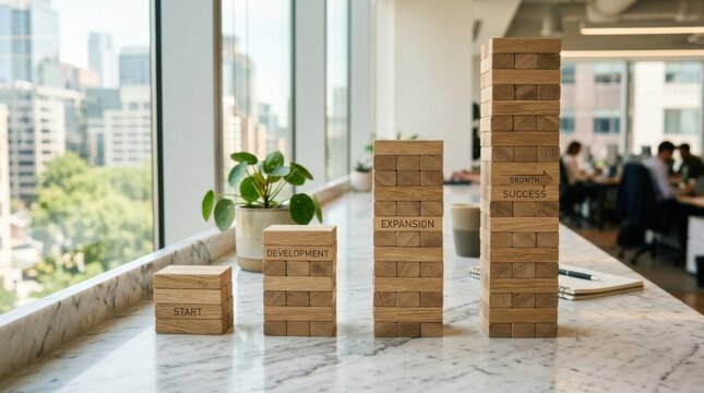 Start development expansion growth success wooden block tower progression on marble office table with plant and city view