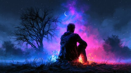 Fototapeta premium A man sitting on the ground with a colorful, mystical, and otherworldly background, surrounded by trees and a crescent moon.
