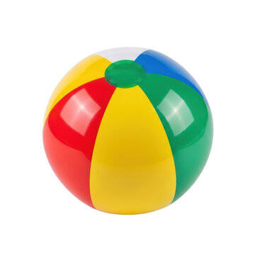 Colorful inflatable beach ball with vibrant red, yellow, green, and blue panels on a white background