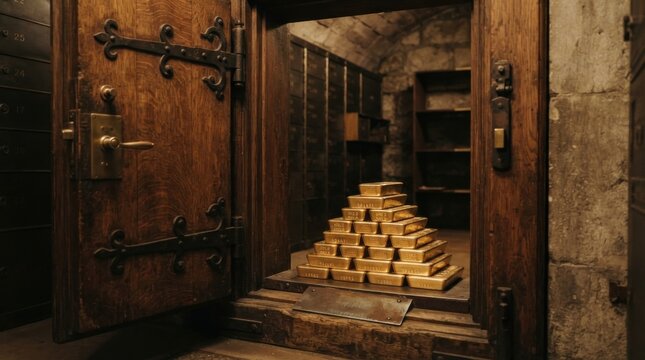 Gold bar stack inside antique wooden vault with stone walls and metal safe door, warm lighting creating rich metallic glow and vintage secure storage atmosphere
