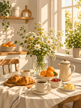 Cozy Morning Breakfast Table with Fresh Croissants, Coffee, Wildflower Bouquet and Sunlit Kitchen Interior