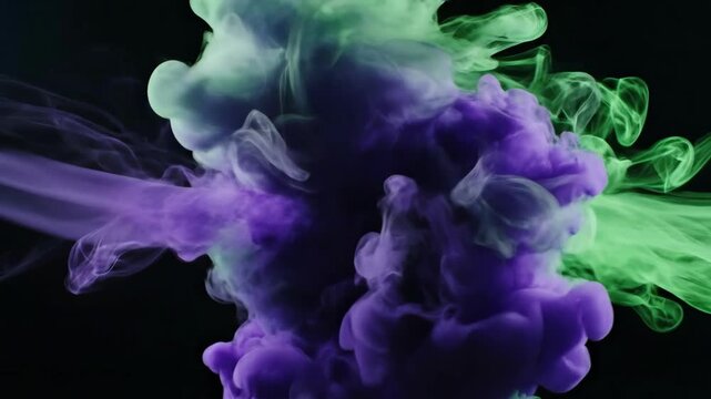 Abstract purple and green smoke explosion on black background creating dark mystical magic cloud effect for halloween background