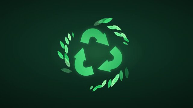 Rotating Recycle Logo Arrows Chasing and Leaving Trail of Leaves