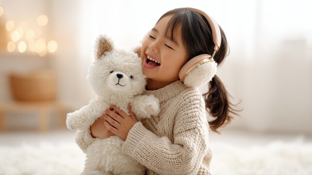 Joyful young girl with headphones hugging fluffy teddy bear in cozy room. Happy child with closed eyes embraces soft toy, wearing warm headphones and knitted sweater surrounded by soft light and bokeh