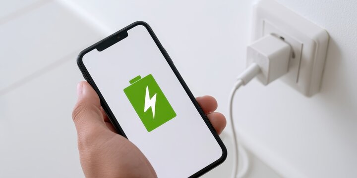 Close-up Person hand showing a modern smartphone plugged into a white wall outlet socket. Bright screen displays a green battery icon logo with a lightning bolt symbol indicating fast charging process
