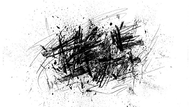 Abstract black grunge texture with scribbles and ink splatters isolated on transparent background