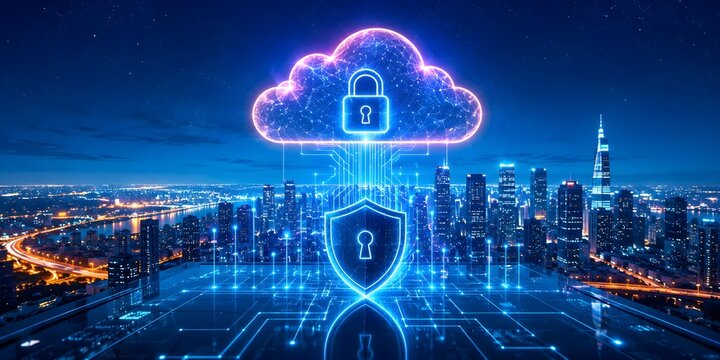 Glowing cloud and shield padlock icons hovering over a night city skyline. Concept of enterprise cloud architecture and urban network security.