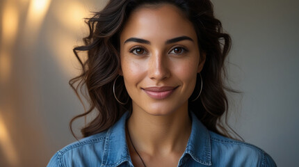 Fototapeta premium Portrait of a smiling young woman with wavy hair in a denim shirt, professional headshot. beauty wellness lifestyle, confident expression.