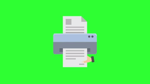 Animated Printer Printing Document on Green Screen, Office Printing Flat Icon Motion Graphics