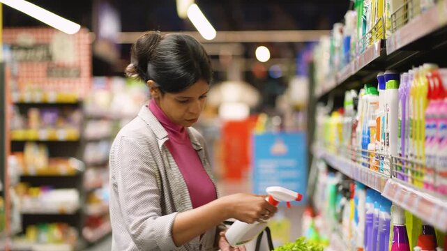 Indian woman choosing cleaning supplies in a supermarket