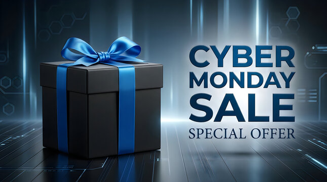 Cyber monday sale banner featuring a luxury gift box with a blue ribbon on a dark background