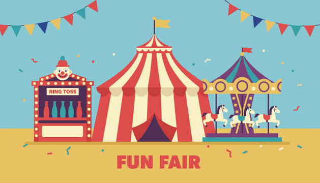 Fun fair circus carnival scene featuring big striped tent ring toss stall and carousel with white horses.