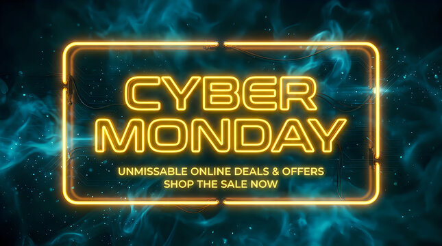 Cyber monday neon sign advertisement banner featuring glowing yellow text on a dark abstract blue background