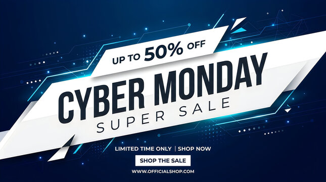 Cyber monday super sale banner design with fifty percent off discount text on a dark blue background