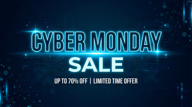 Cyber monday sale banner with glowing blue neon text and digital background for online shopping event promotions