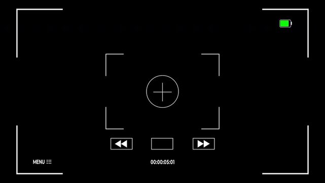 Animated graphic of Camera recording overlay with blinking red play button on transparent background. Camera recording screen screen overlay for cinematic video project.