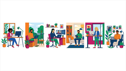 Fototapeta premium Remote Work from Home Flat Vector Illustration with Young Freelancers Using Laptops and Computers.