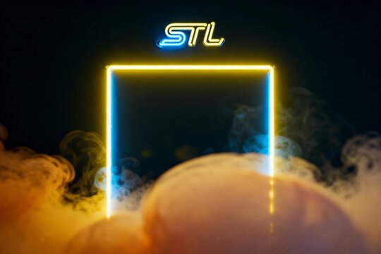 Neon 'STL' sign with glowing frame and smoke