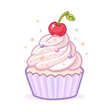 Cupcake with cherry on white background, pastry or small cake with pink whipped cream, sprinkles and a fresh red cherry on top,sweet muffin with frosting,delicious confectionery or sweet treat, vector