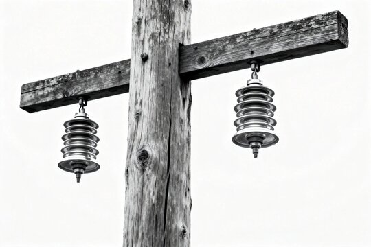 Black and white photo of vintage electrical insulators on a wooden pol