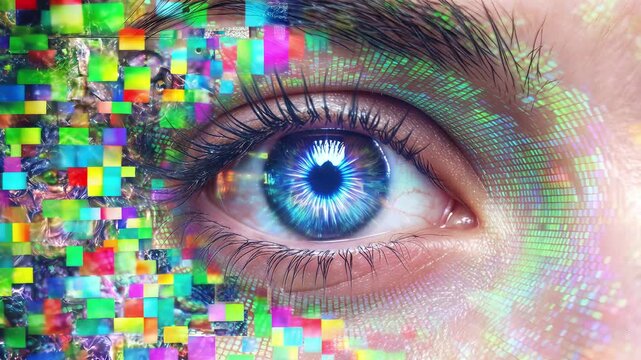 Human eye with digital glitch effects and glowing blue iris. Extreme close-up of bionic vision concept with pixelated artifacts and light rays.