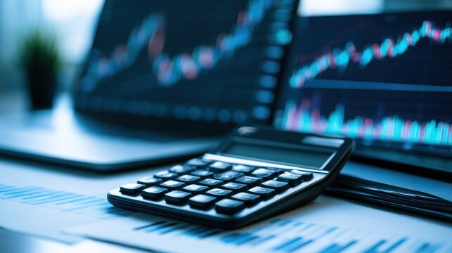 A calculator and a laptop on a desk with financial charts in the background.