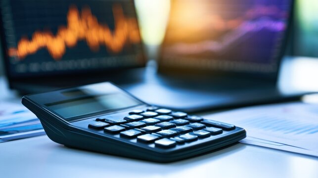 A calculator and a laptop on a desk with financial charts in the background.