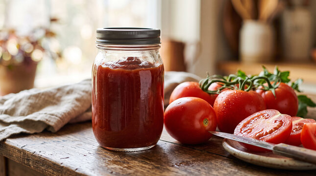 glass jar of homemade tomato ketchup or sauce with fresh ripe tomatoes on wooden table