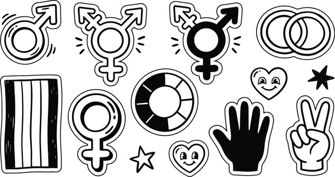 LGBTQ Pride Doodle Sticker Icon Set with Gender Symbols Rainbow Flag Peace Sign and Intersecting Wedding Rings for Diversity Campaign Graphic Designs