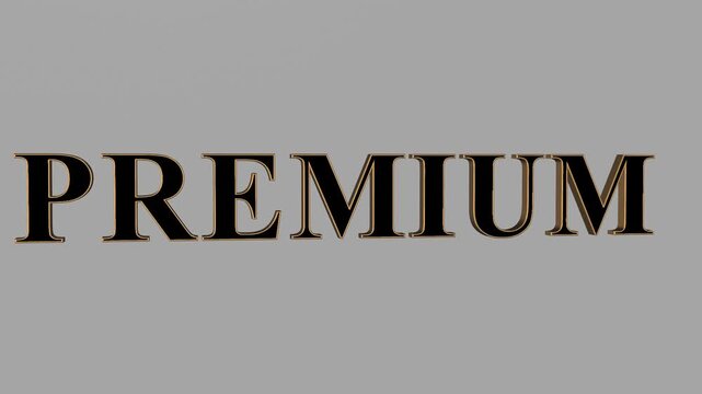 Premium gold and black text animation with smooth camera movement on gray background revealing word slowly.