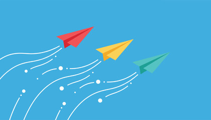Fototapeta premium Three colorful paper airplanes flying upwards leaving white trails on a blue background representing goal achievement.