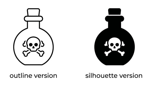 Poison Bottle Icon: A clear outline and a solid black silhouette of a bottle containing a skull and crossbones symbol, representing danger or poison.