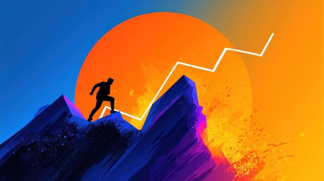A man climbing a mountain with a graph line rising above him, set against a vibrant orange and blue sky with a splash of yellow at the top.