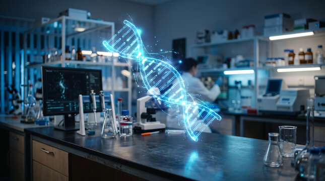 Glowing Blue DNA Double Helix in Modern Science Laboratory
