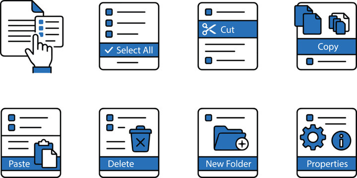 Set of file management icons including cut, copy, paste, delete, new folder, properties, and select all