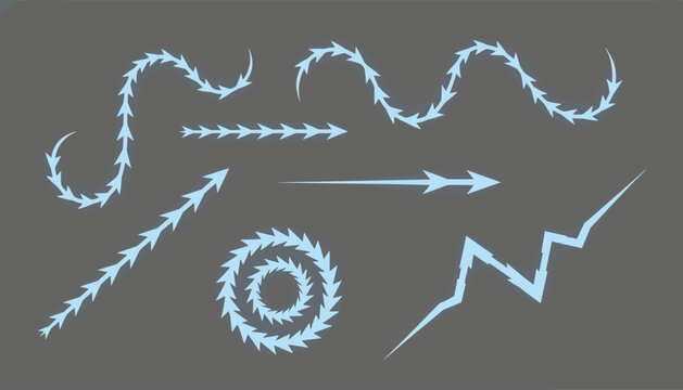 Collection of nine blue arrow and line design elements with feather tail patterns on solid dark gray background.