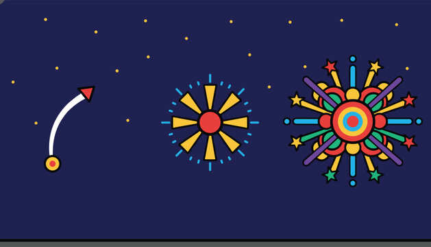 Colorful fireworks design showing sequence of rocket launch, initial spark, and full bursting display on dark blue background.