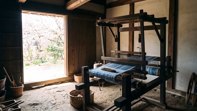 Traditional Japanese Loom in a Historic Farmhouse with Spring Garden View