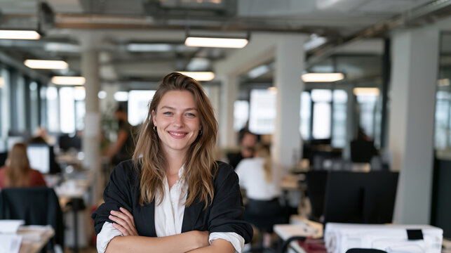 young female cfo smiling confidently in modern office, friendly business casual woman executive standing in bright corporate office