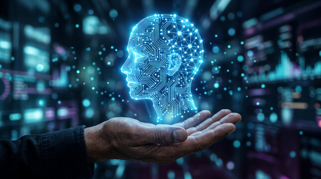 Glowing AI Circuit Brain Held in Hand &ndash; Artificial Intelligence Concept